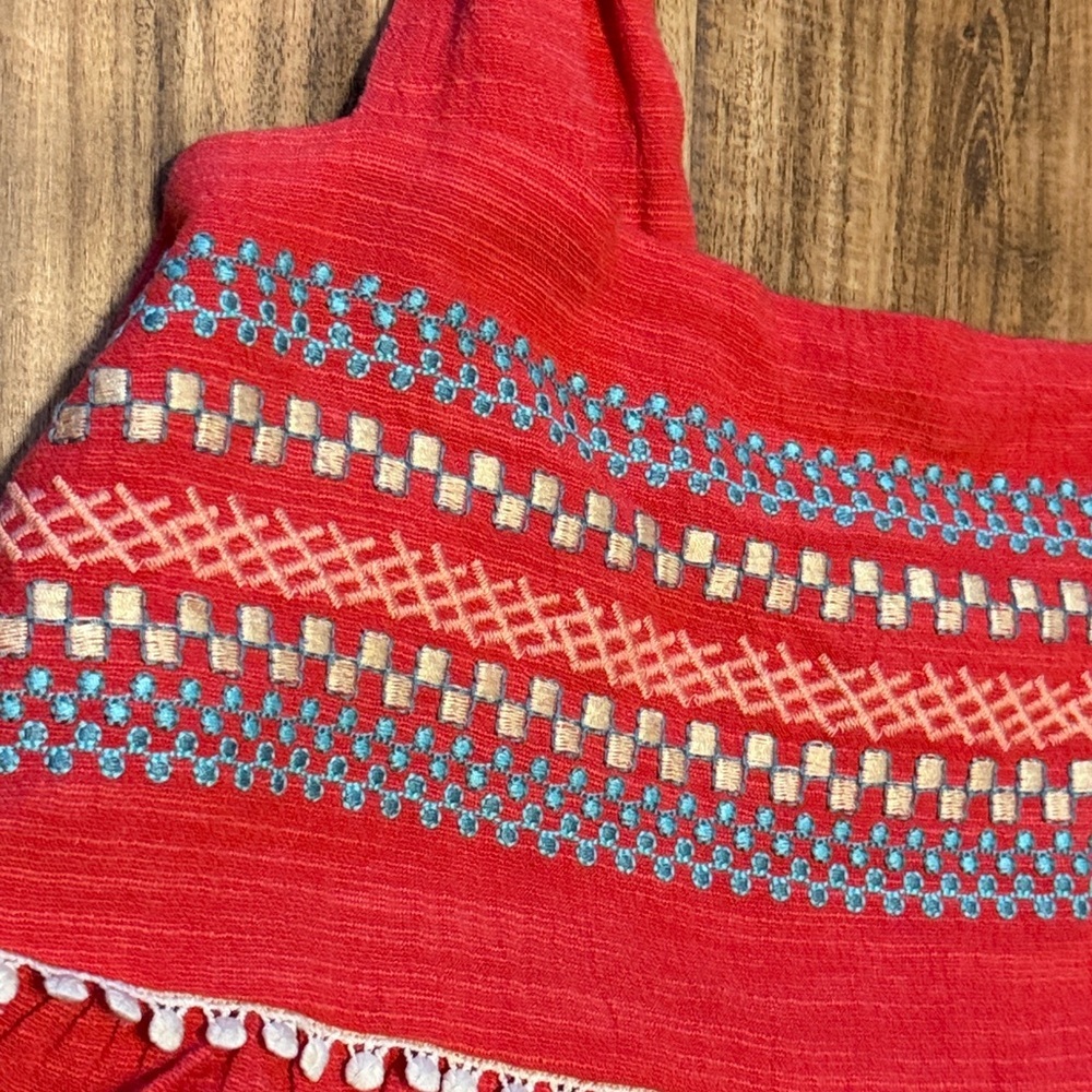 THML women’s large tank top embroidered boho red Vibrant Red tan white boutique - Picture 4 of 9